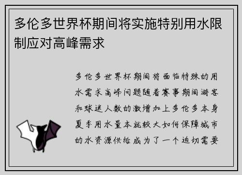 多伦多世界杯期间将实施特别用水限制应对高峰需求 多伦多世界杯期间将实施特别用水限制应对高峰需求